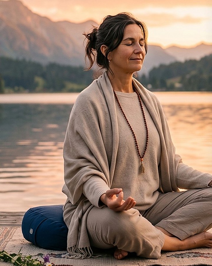 Mujer en meditación junto a un lago de montaña al atardecer